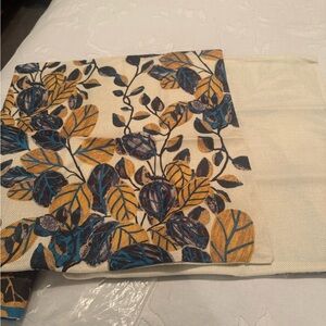 4 Decorative Leaf Print Table placemats Blue and Mustard on Cream